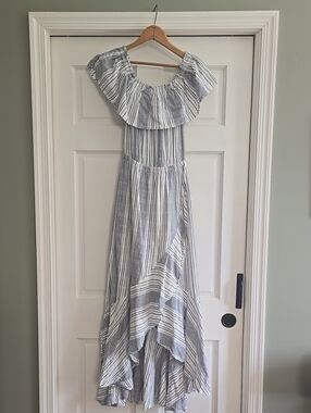 Express Striped Off-Shoulder High-Low Maxi Dress in Blue and White